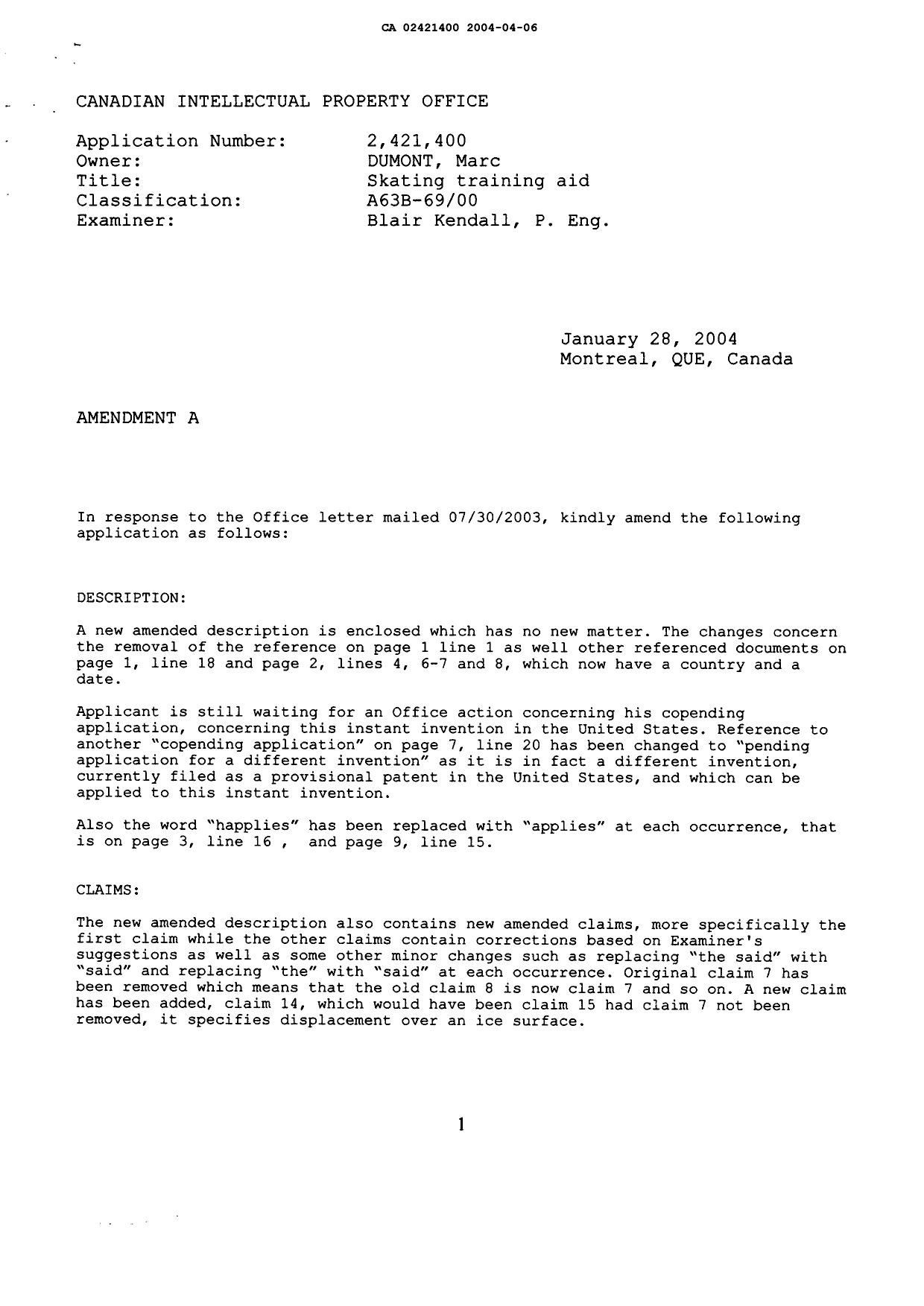 Document de brevet canadien 2421400. Poursuite-Amendment 20031206. Image 3 de 17