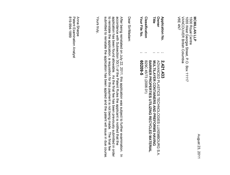 Document de brevet canadien 2421433. Correspondance 20110823. Image 1 de 1