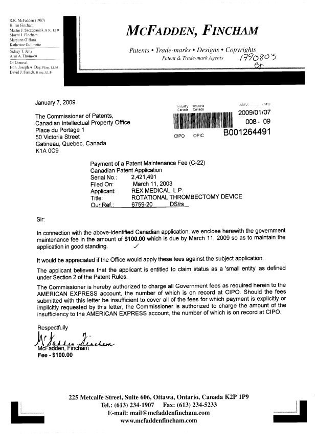 Document de brevet canadien 2421491. Taxes 20090107. Image 1 de 1