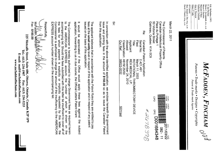 Document de brevet canadien 2421491. Correspondance 20110322. Image 1 de 1