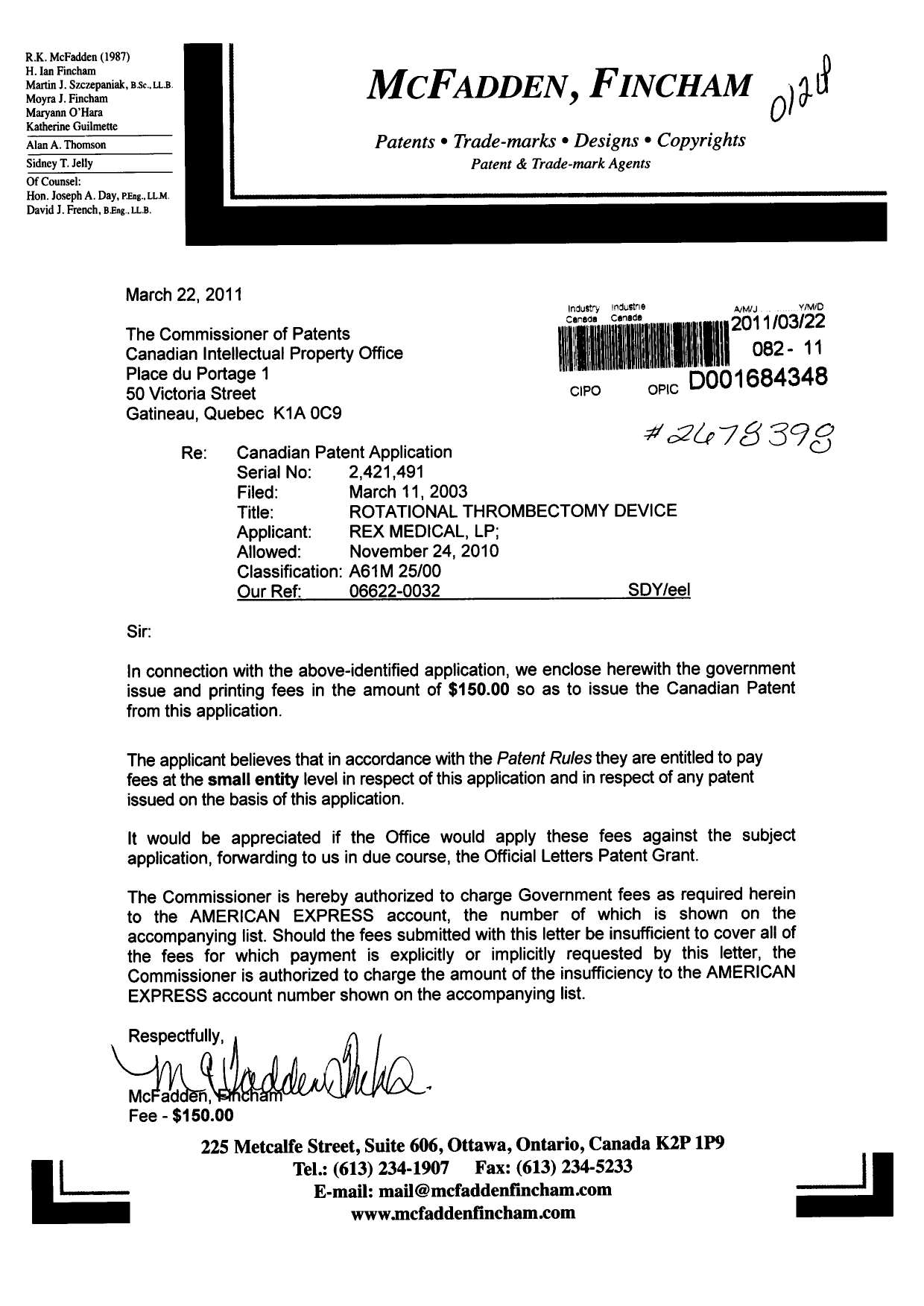 Document de brevet canadien 2421491. Correspondance 20110322. Image 1 de 1