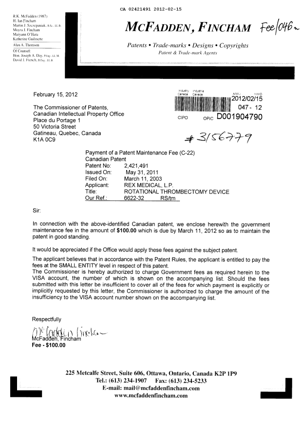 Document de brevet canadien 2421491. Taxes 20120215. Image 1 de 1