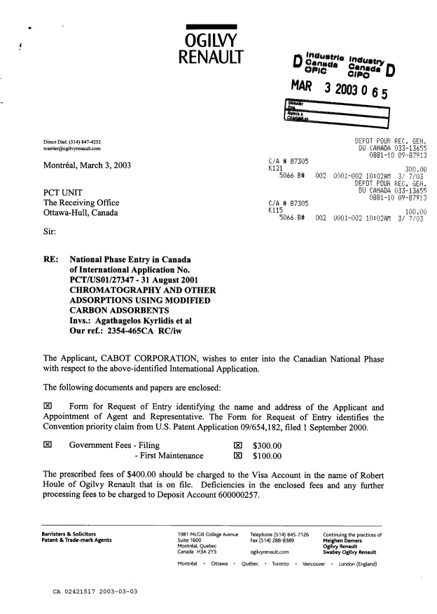 Document de brevet canadien 2421517. Cession 20030303. Image 1 de 3