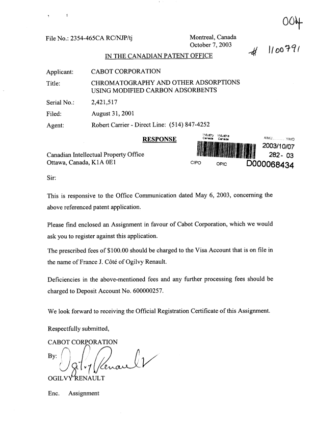 Document de brevet canadien 2421517. Cession 20031007. Image 1 de 8