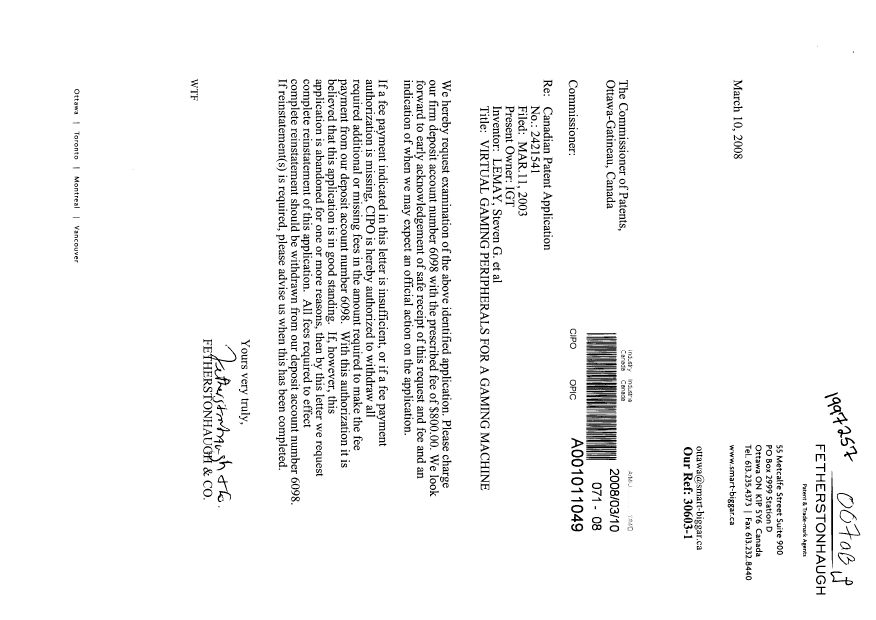 Document de brevet canadien 2421541. Poursuite-Amendment 20080310. Image 1 de 1