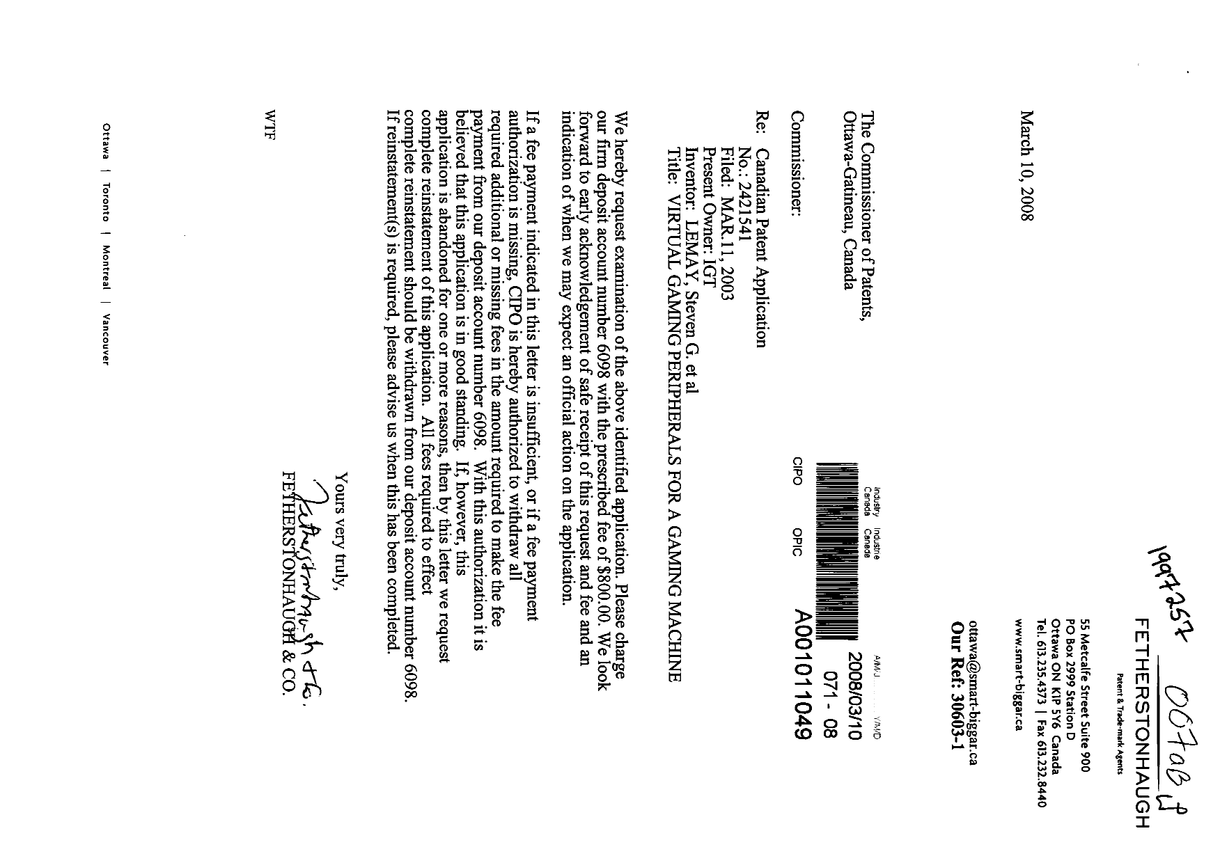 Canadian Patent Document 2421541. Prosecution-Amendment 20080310. Image 1 of 1