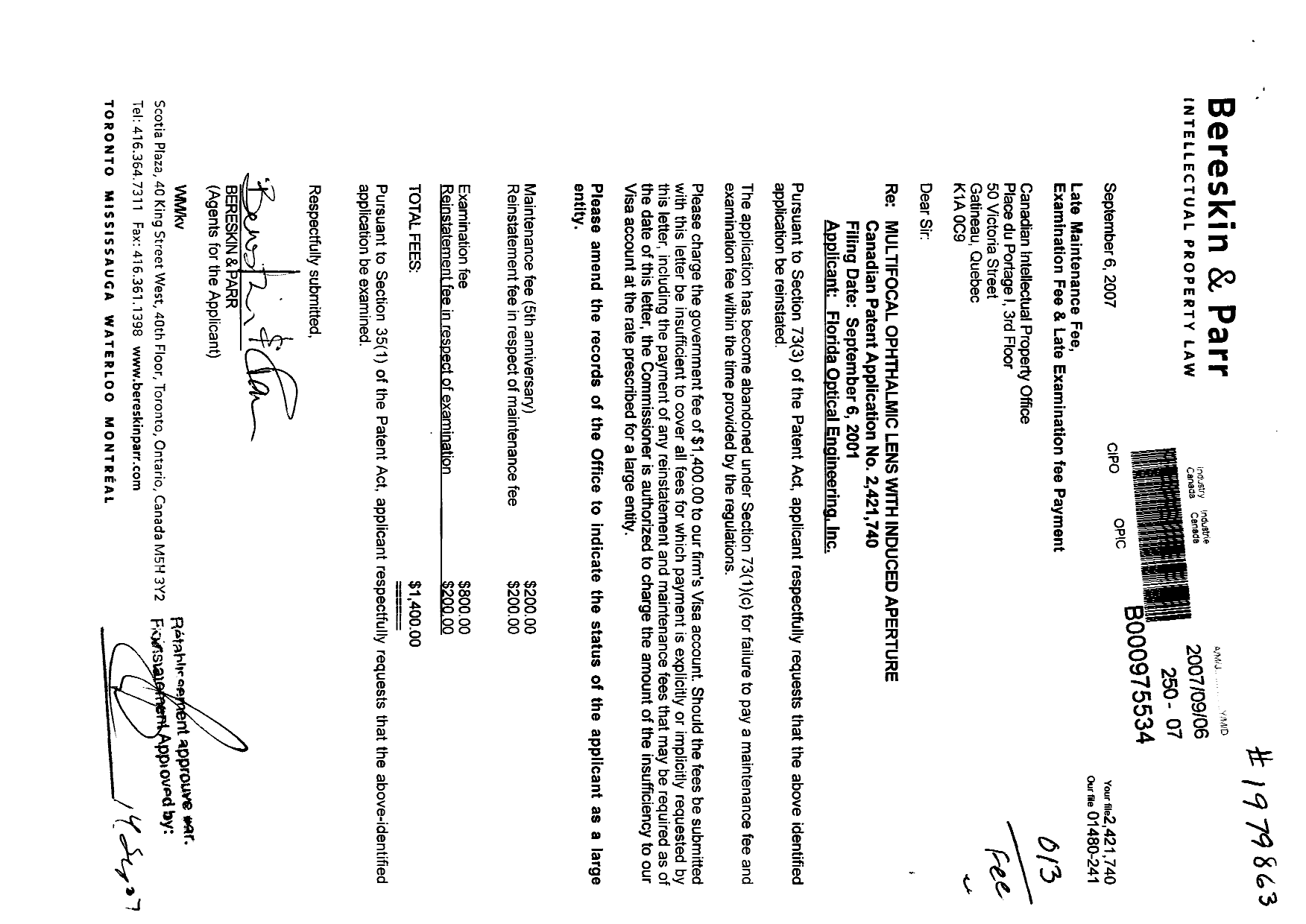Canadian Patent Document 2421740. Fees 20070906. Image 1 of 1