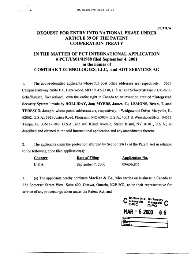 Document de brevet canadien 2421770. Cession 20030306. Image 3 de 4