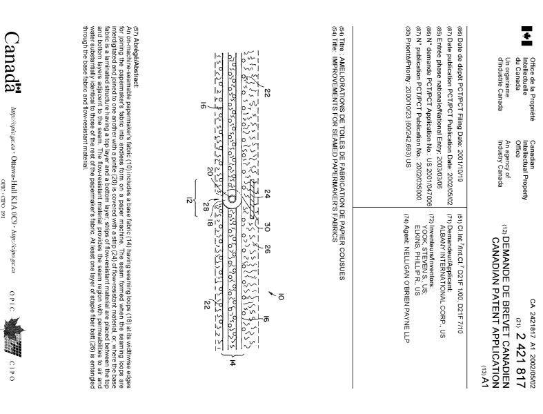 Document de brevet canadien 2421817. Page couverture 20030507. Image 1 de 1