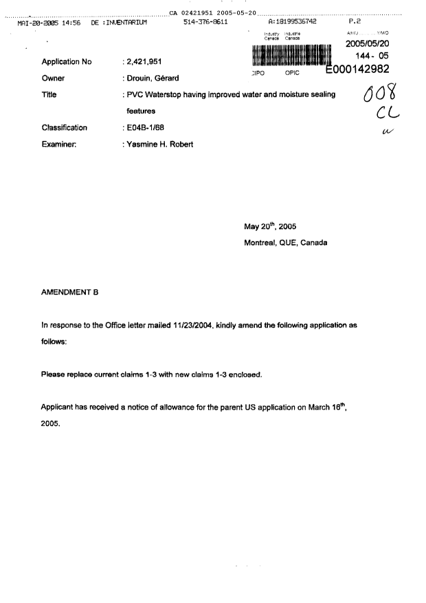 Document de brevet canadien 2421951. Poursuite-Amendment 20050520. Image 1 de 4
