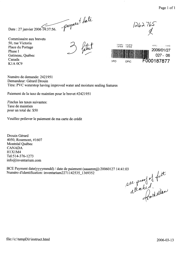 Document de brevet canadien 2421951. Taxes 20060127. Image 1 de 2