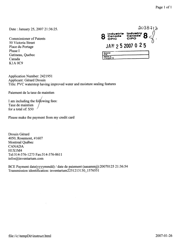 Document de brevet canadien 2421951. Taxes 20070125. Image 1 de 1
