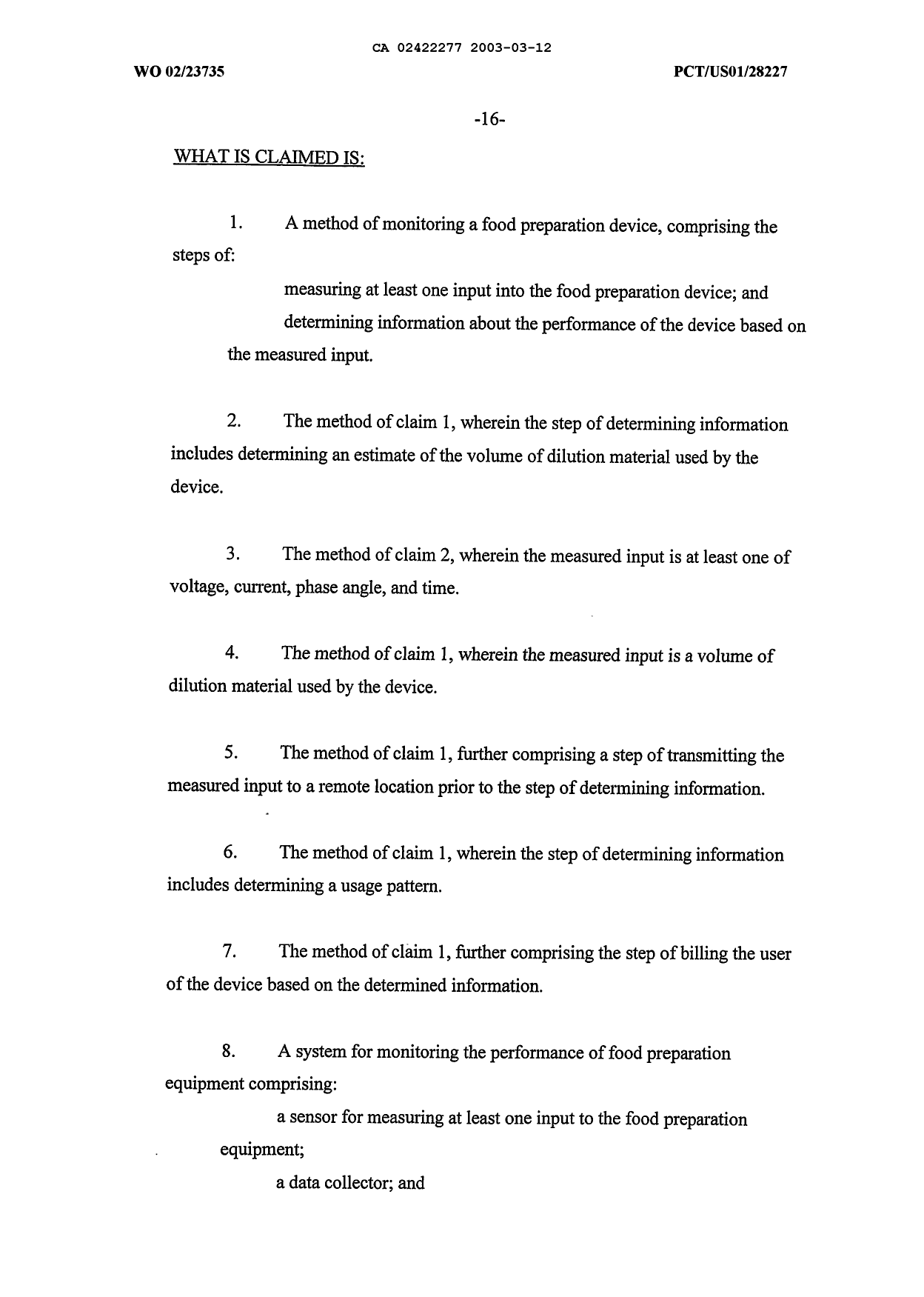Document de brevet canadien 2422277. Revendications 20030312. Image 1 de 4