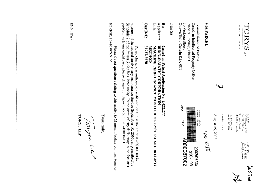 Document de brevet canadien 2422277. Taxes 20030825. Image 1 de 1