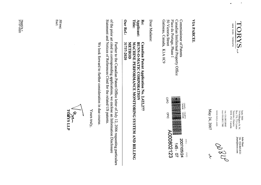 Document de brevet canadien 2422277. Poursuite-Amendment 20070524. Image 1 de 1