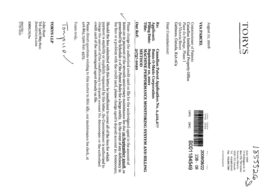 Document de brevet canadien 2422277. Taxes 20080822. Image 1 de 1