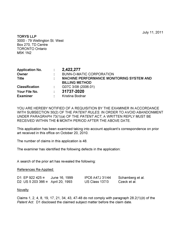 Canadian Patent Document 2422277. Prosecution-Amendment 20110711. Image 1 of 5