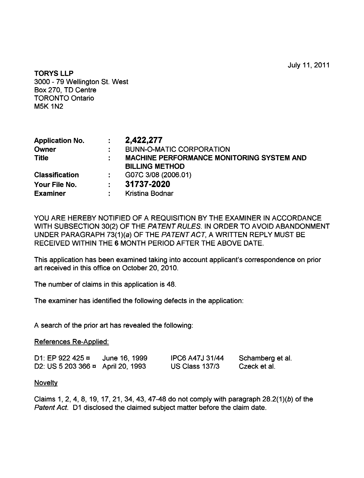 Document de brevet canadien 2422277. Poursuite-Amendment 20110711. Image 1 de 5