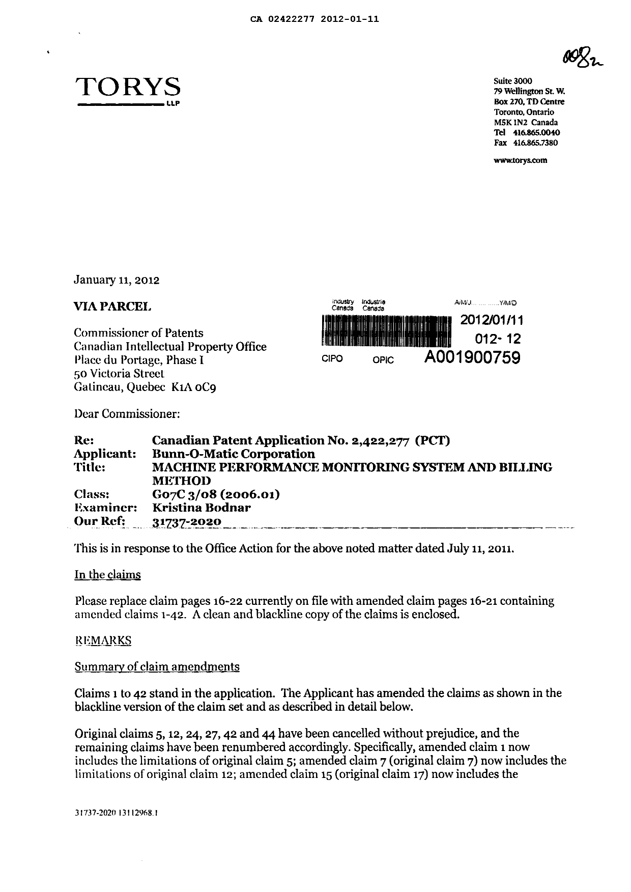 Document de brevet canadien 2422277. Poursuite-Amendment 20120111. Image 1 de 17