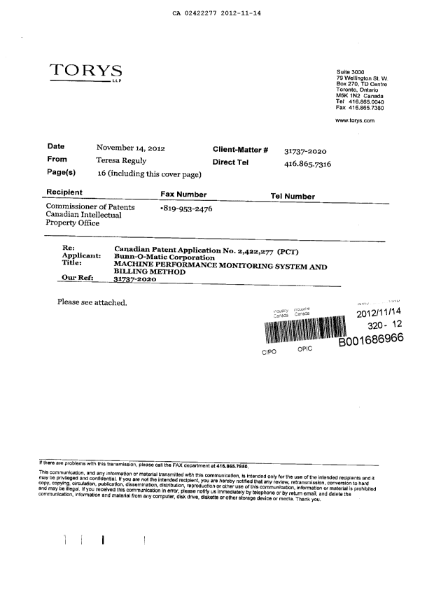 Document de brevet canadien 2422277. Poursuite-Amendment 20121114. Image 16 de 16