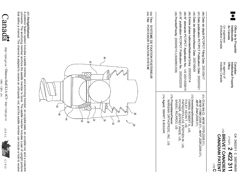 Canadian Patent Document 2422311. Cover Page 20061217. Image 1 of 2