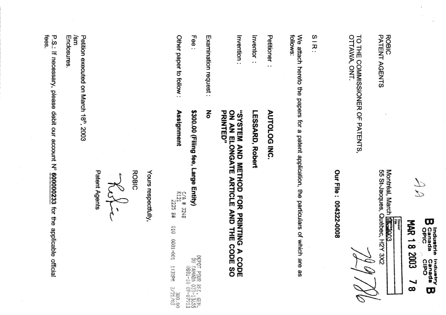 Document de brevet canadien 2422499. Cession 20030318. Image 1 de 3