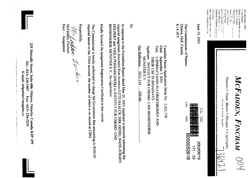 Document de brevet canadien 2422758. Cession 20030619. Image 1 de 4