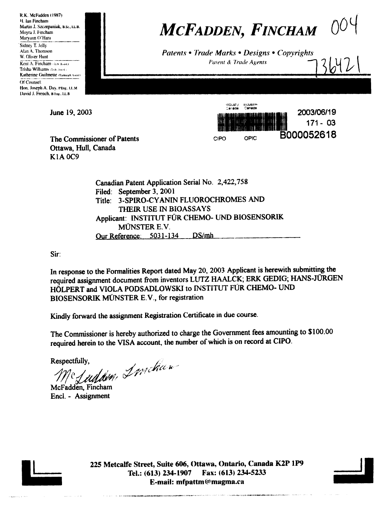 Document de brevet canadien 2422758. Cession 20030619. Image 1 de 4