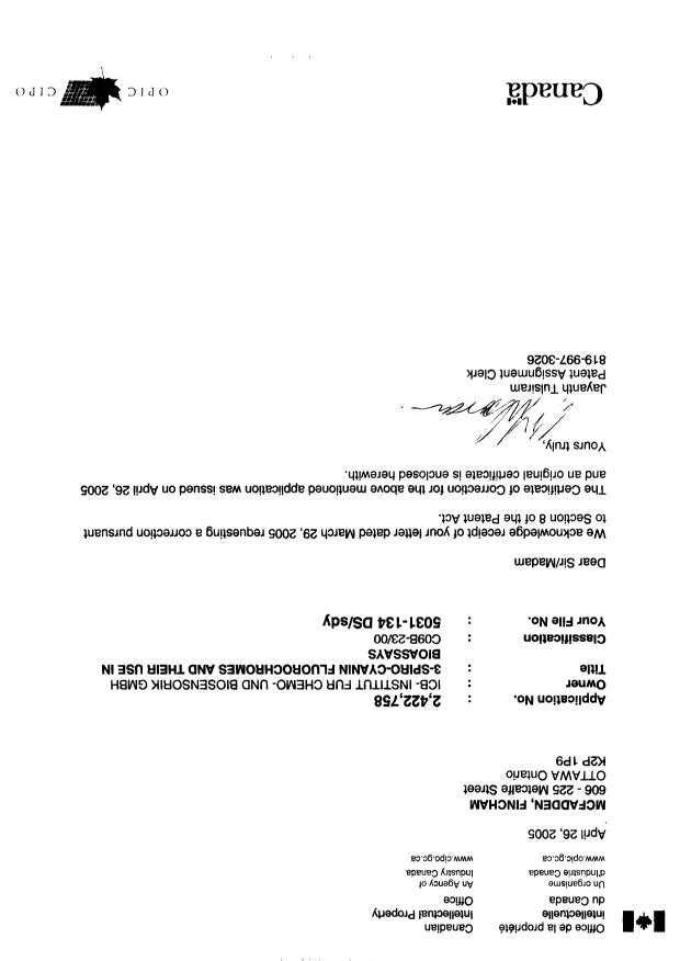 Canadian Patent Document 2422758. Prosecution-Amendment 20050426. Image 1 of 2