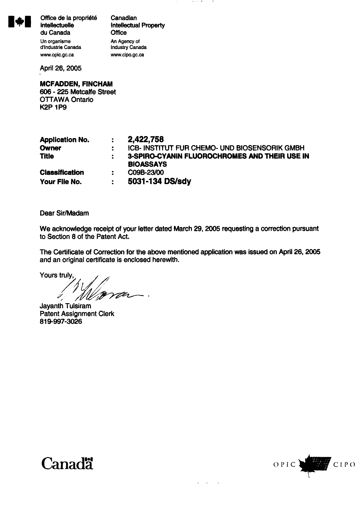 Document de brevet canadien 2422758. Poursuite-Amendment 20050426. Image 1 de 2
