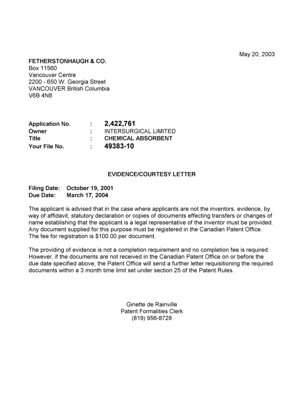 Document de brevet canadien 2422761. Correspondance 20030515. Image 1 de 1