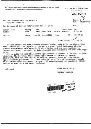 Document de brevet canadien 2422761. Taxes 20091008. Image 1 de 1