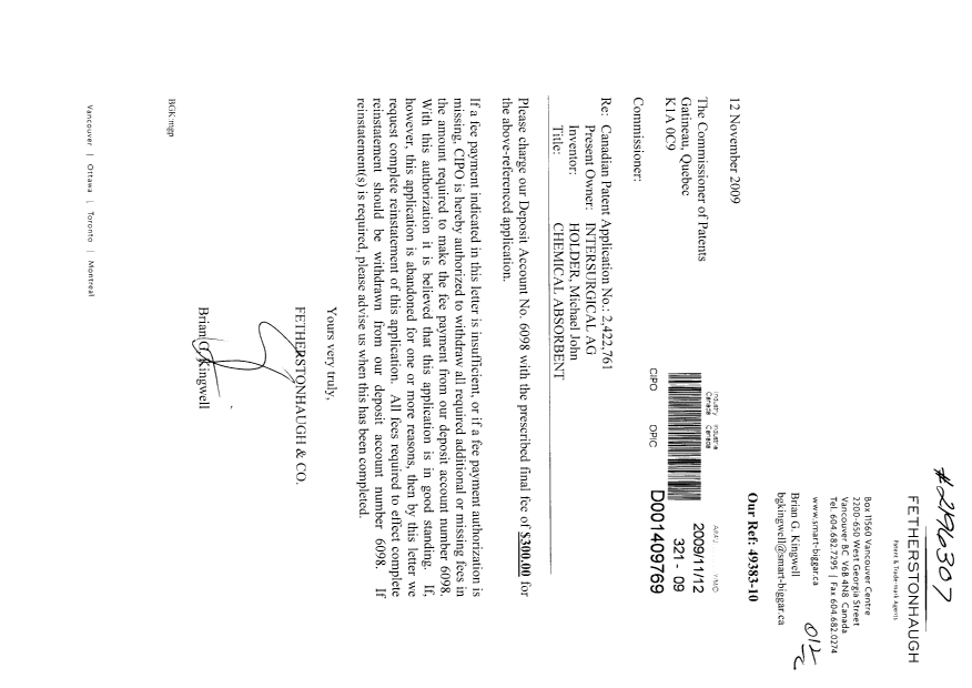 Document de brevet canadien 2422761. Correspondance 20091112. Image 1 de 1