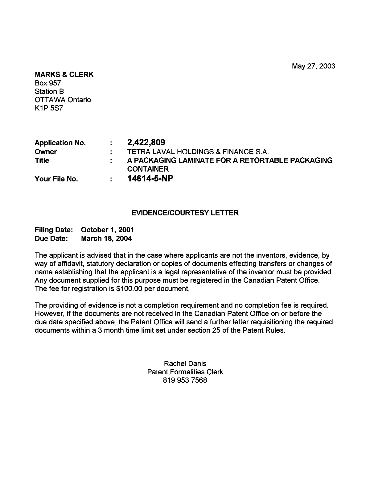 Document de brevet canadien 2422809. Correspondance 20030520. Image 1 de 1