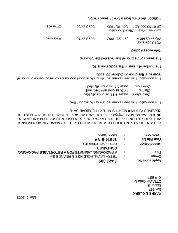 Canadian Patent Document 2422809. Prosecution-Amendment 20080506. Image 1 of 3