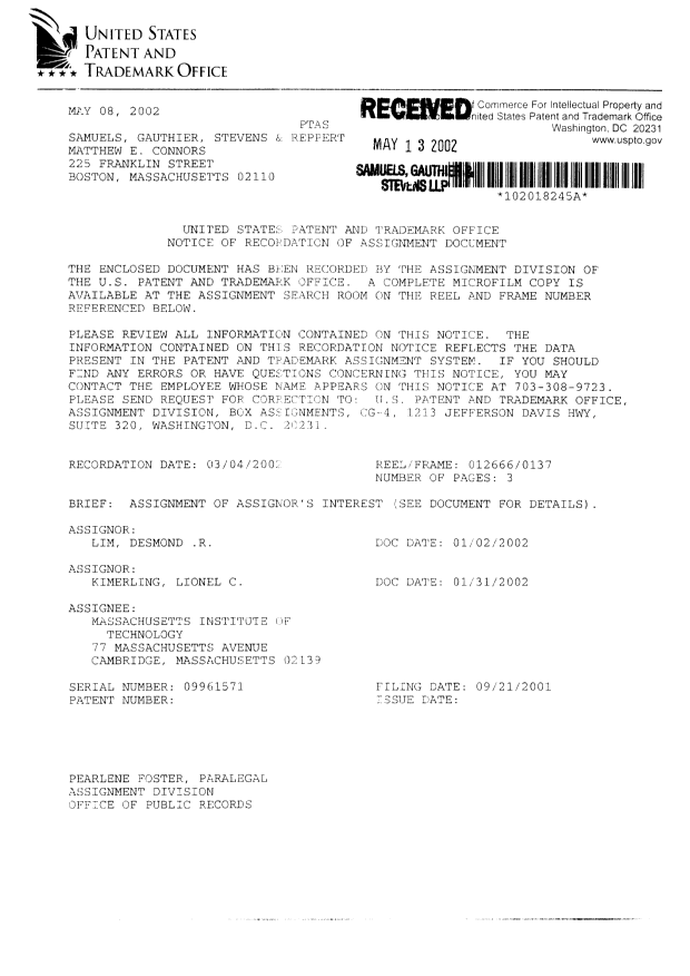 Canadian Patent Document 2423008. Assignment 20030529. Image 7 of 9