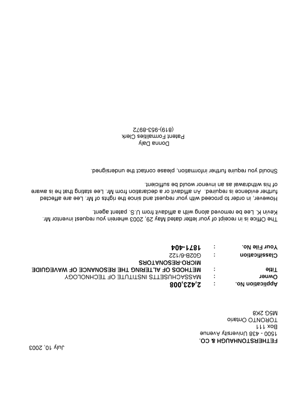 Canadian Patent Document 2423008. Correspondence 20030710. Image 1 of 1
