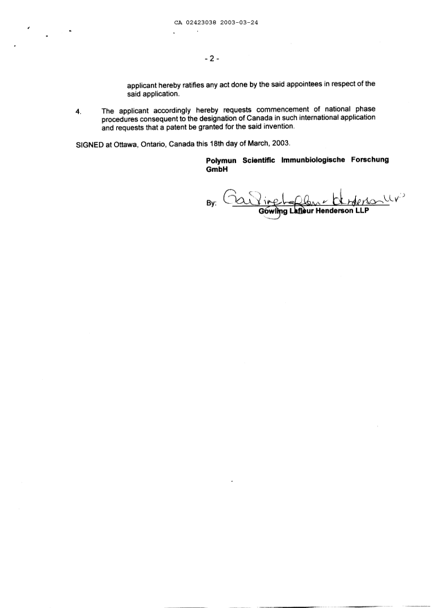 Canadian Patent Document 2423038. Assignment 20030324. Image 3 of 3