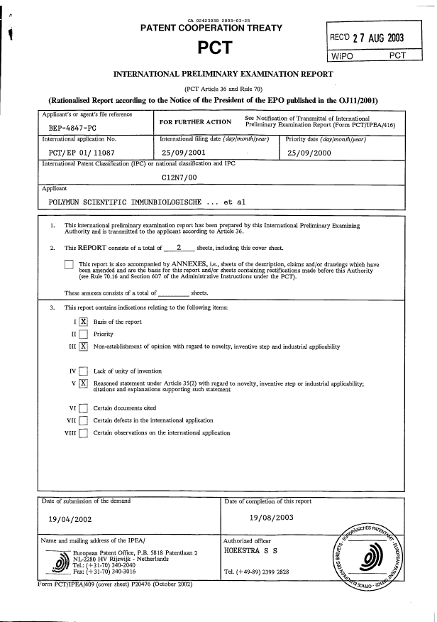 Document de brevet canadien 2423038. PCT 20030325. Image 1 de 2