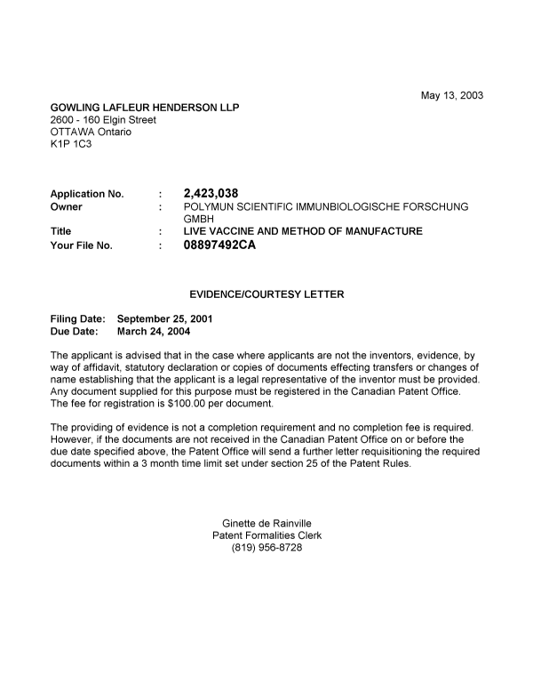 Document de brevet canadien 2423038. Correspondance 20030508. Image 1 de 1