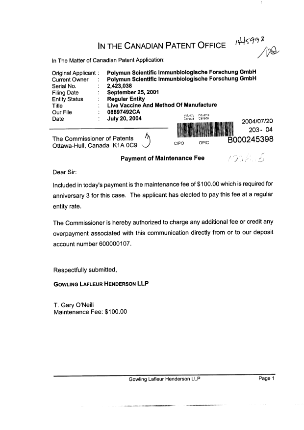 Document de brevet canadien 2423038. Taxes 20040720. Image 1 de 1