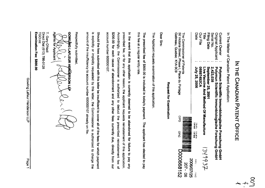 Canadian Patent Document 2423038. Prosecution-Amendment 20060725. Image 1 of 1