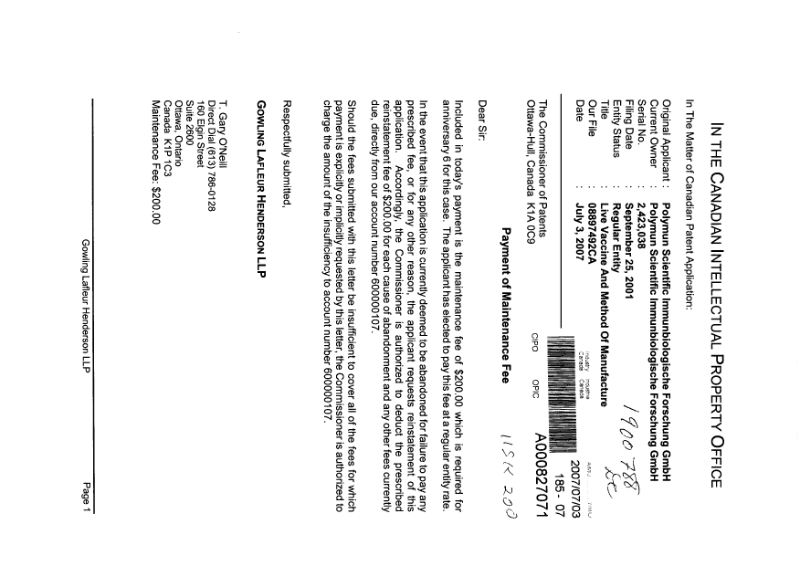 Canadian Patent Document 2423038. Fees 20070703. Image 1 of 1