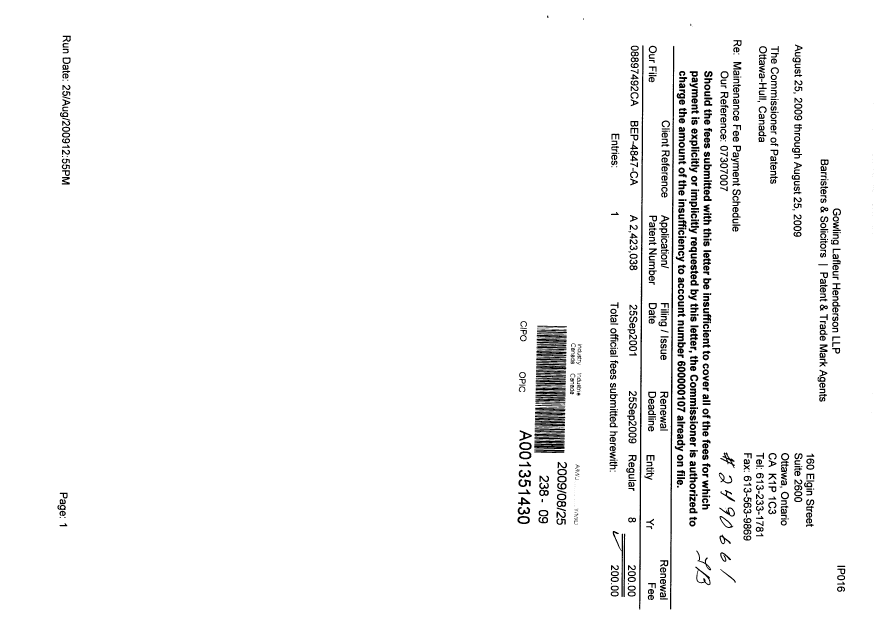Canadian Patent Document 2423038. Fees 20090825. Image 1 of 1