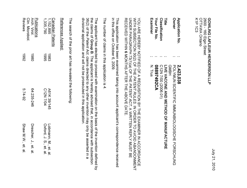 Canadian Patent Document 2423038. Prosecution-Amendment 20100721. Image 1 of 2
