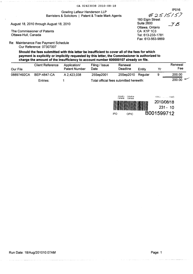 Document de brevet canadien 2423038. Taxes 20100818. Image 1 de 1