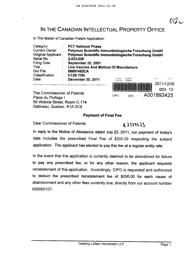 Document de brevet canadien 2423038. Correspondance 20111230. Image 1 de 2