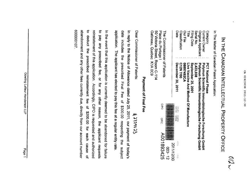 Canadian Patent Document 2423038. Correspondence 20111230. Image 1 of 2