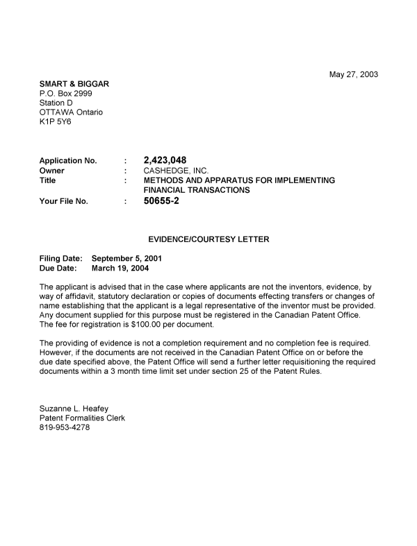 Document de brevet canadien 2423048. Correspondance 20030521. Image 1 de 1
