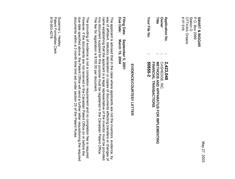 Document de brevet canadien 2423048. Correspondance 20030521. Image 1 de 1